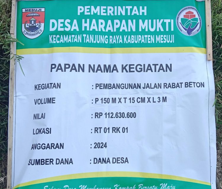 Pemdes Harapan Mukti Bangun Rabat Beton Realisasikan Dana Desa Tahap